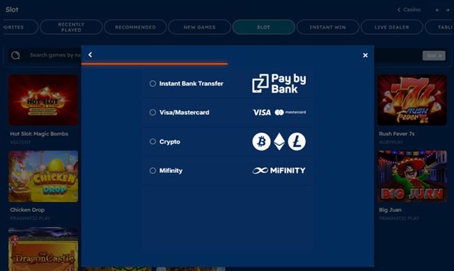 Choose payment method for quick deposits at BOF Casino